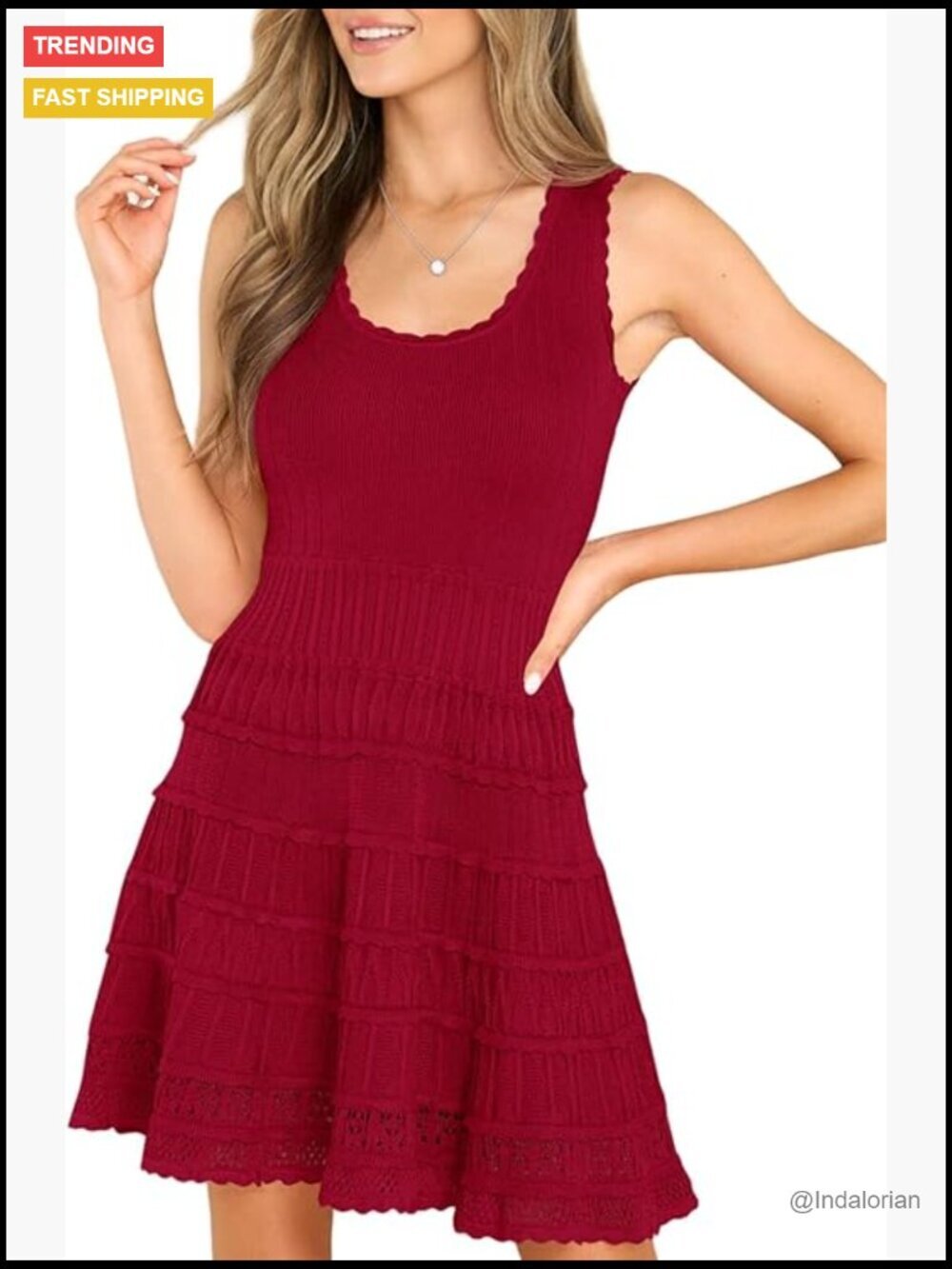 Summer Mini Dress Casual Crewneck Knitted Crochet Hem Flowy Tank Sundress Cotton